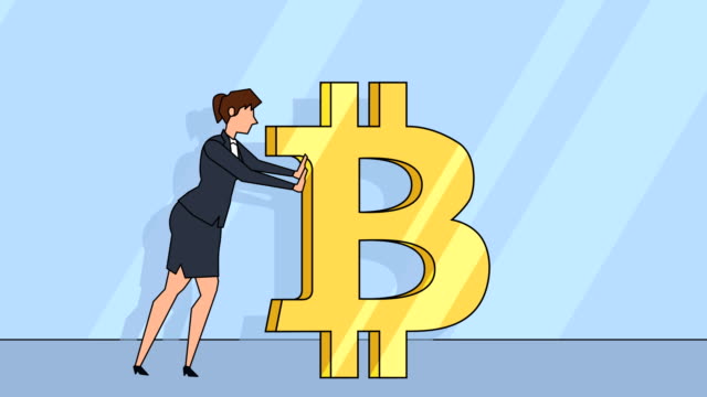 Flat-cartoon-businesswoman-character--pushes-a-bitcoin-sign-money-concept-animation-with-alpha-matte