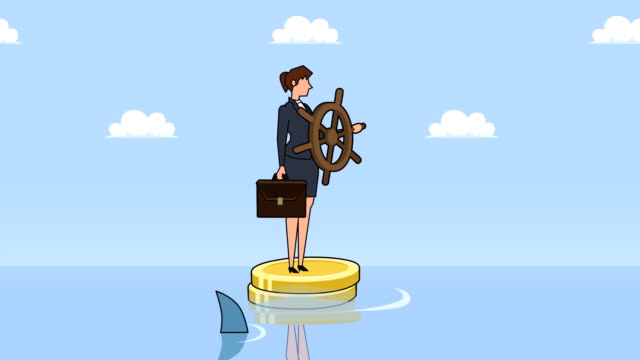Flat-cartoon-businesswoman-character-with-helm-wheel-floating-on-dollar-coins-near-shark-businesss-control-concept-animation