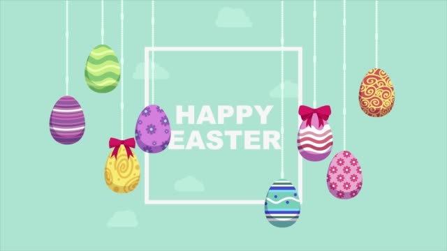 Easter-eggs-hanging-on-solid-background.-Colorful-Easter-eggs-greating-with-hanging-eggs.