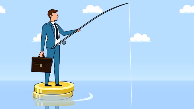Flat-cartoon-businessman-character-fisher-with-fishing-rod-floating-on-dollar-coins-finance-businesss-concept-animation