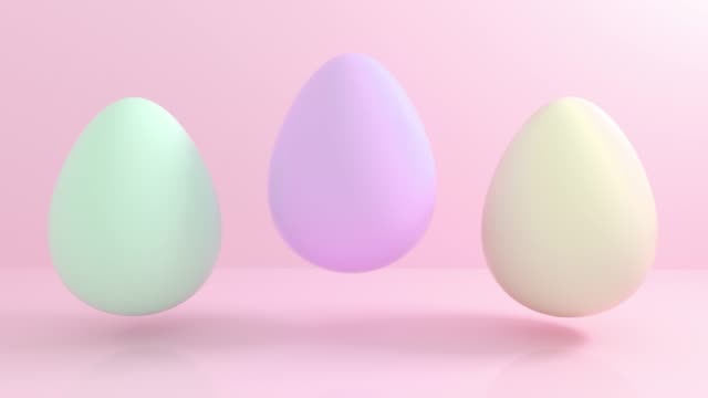 3D-abstrakte-Pastell-Ostereier-fliegen-auf-farbigem-Hintergrund.-Set-von-verschiedenen-Farben-4k-Animation-nahtlose-Schleife.