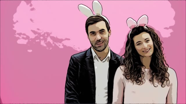 Family-celebrate-Easter-Day.-Happy-couple-with-bunny-ears.-Happy-holidays.-Couple-painting-eggs-for-Easter.-Decorating-eggs-ideas.-Holidays.-Spring-holidays.-Season.-Bunny-ears.-Animation.