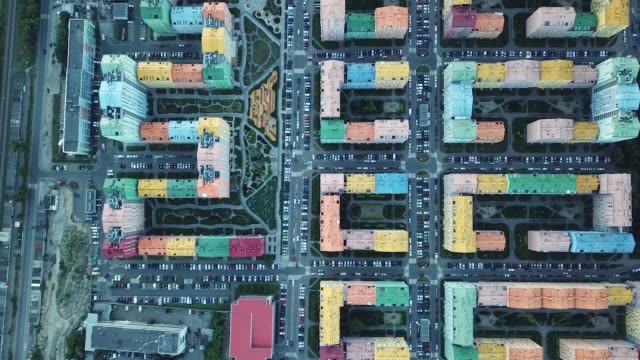 district-of-colorful-houses-in-Kiev,-aerial-view