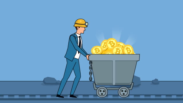 Flache-Cartoon-Geschäftsmann-Charakter-schieben-Bergleute-Wagen-Barrow-mit-Gold-Bitcoin-Münzen-Business-Konzept-Animation