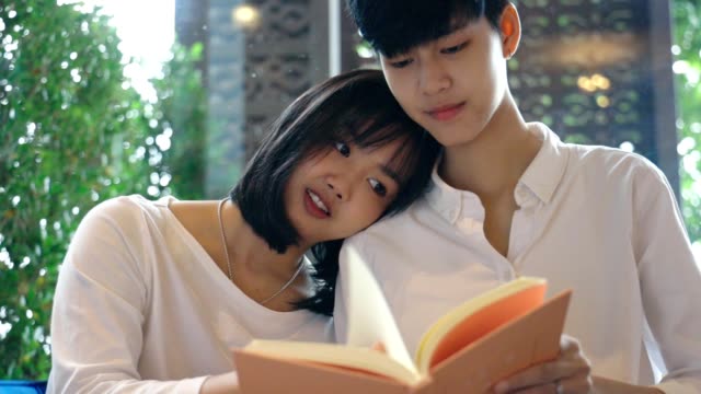 Nahaufnahme-Junge-asiatische-lesbische-Paar-lesen-ein-Buch-zusammen