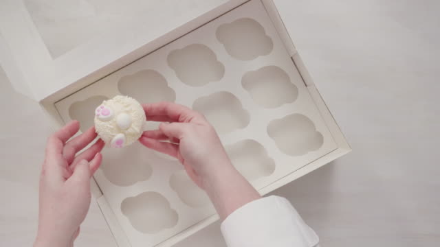 Boxen-Vanille-Cupcakes-in-Form-von-Osterhasen.