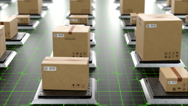 Parcels-in-Futuristic-Hi-tech-Warehouse-Seamless.-Beautiful-Looped-3d-Animation-of-Automated-Storage-with-Cardboard-Boxes.-Digital-Floor,-QR-Codes,-Barcodes.-Logistics-Concept.