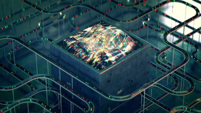 Sci-fi-technical-structure-with-waveform-seamless-loop-3D-render-animation