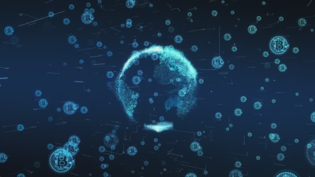 Kryptowährung-Earth-Globe-mit-Bitcoin---Hintergrund-Animationsschleife---Stockvideo