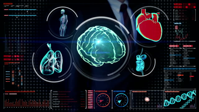 Businessman-touching-digital-screen,-Scanning-brain,-heart,-lungs,-internal-organs