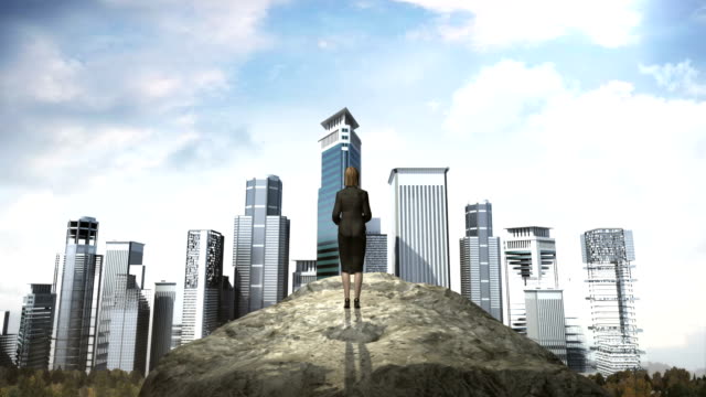 Break-wall.-Businesswoman-standing-in-front-of-cliff.-build-buildings.