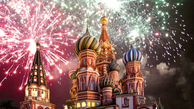 Cathedral-of-Intercession-of-Most-Holy-Theotokos-on-the-Moat-(-Temple-of-Basil-the-Blessed)-and-fireworks,--Red-Square,-Moscow,-Russia