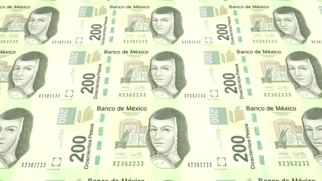 Banknoten-von-zweihundert-mexikanischen-Pesos-der-Bank-von-Mexiko-rollen-auf-dem-Bildschirm,-Münzen-der-Welt,-Bargeld,-Schleife