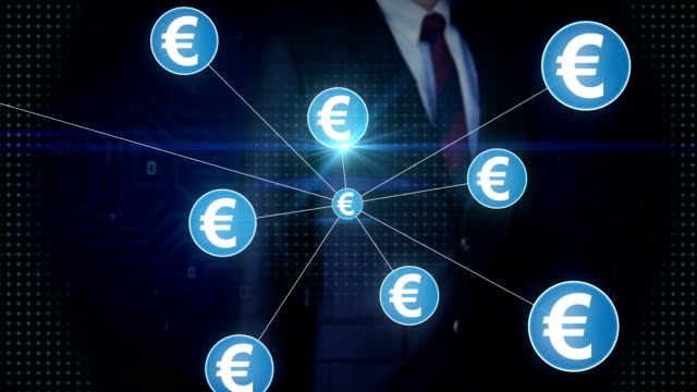 Empresario-tocar-símbolo-del-Euro,-se-reúnen-numerosos-puntos-para-crear-una-moneda-de-libra-muestra,-puntos-hace-mundial-mapa,-internet-de-las-cosas.-tecnología-financiera