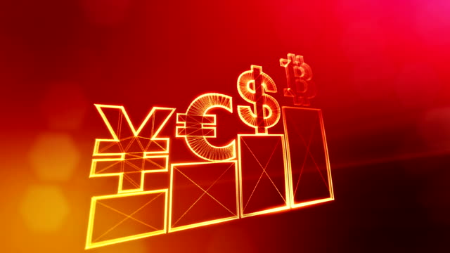 Zeichen-der-Pfund-Dollar-Yen-Bitcoin-auf-Spalten.-Finanzieller-Hintergrund-aus-Glühen-Teilchen-als-Vitrtual-Hologramm.-Glänzende-Schleife-3D-Animation-mit-Tiefe-Feld,-Bokeh-und-Kopie.-Roten-Hintergrund-v1