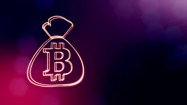 Bitcoin-Logo-auf-der-Tasche.-Finanzkonzept.-Finanzieller-Hintergrund-aus-Glühen-Teilchen-als-Vitrtual-Hologramm.-Glänzende-nahtlose-3D-Animation-mit-Tiefe-von-Feld,-Bokeh-und-Kopie-Raum.-Violette-Farbe-v2