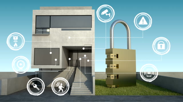 IoT-Sicherheit-Grafik-Informationssymbol-auf-smart-home,-Smart-Haushaltsgeräte,-Internet-der-Dinge.-Tag.-4K.