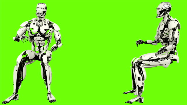Robot-android-es-reacciona-emocionalmente-y-agita-el-puño.-Movimiento-lazo-realista-en-pantalla-verde-de-fondo.-4K