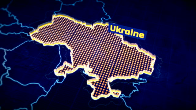 Visualización-en-3D-Ucrania-país-frontera,-contorno-del-mapa-moderno,-viajes