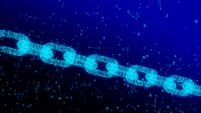 Digital-data-and-network-connection-structure-of-illuminated-Blockchain-shape-on-blue-background.-data-node-base-in-futuristic-technology-concept.-3d-abstract-illustration-background