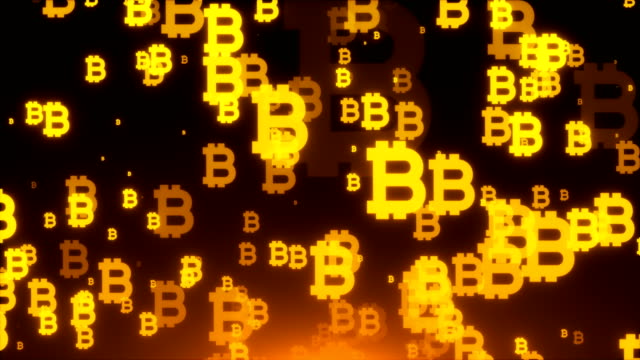 Muchos-símbolos-de-Bitcoin-de-oro-están-en-el-espacio,-el-fondo-de-renderizado-3D-de-negocios,-contexto-de-Internet