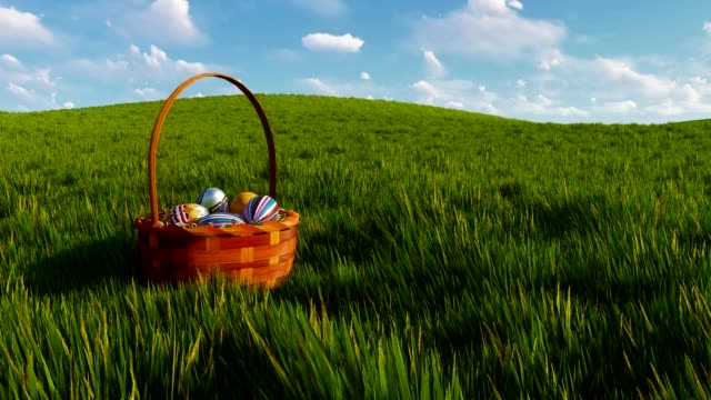 Easter-basket-with-colorful-dyed-eggs-among-green-grass-3D-animation