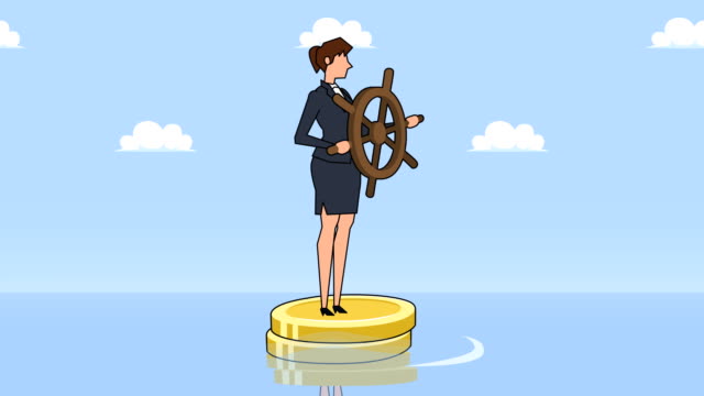 Flat-cartoon-businesswoman-character-with-helm-wheel-floating-on-dollar-coins-businesss-control-concept-animation