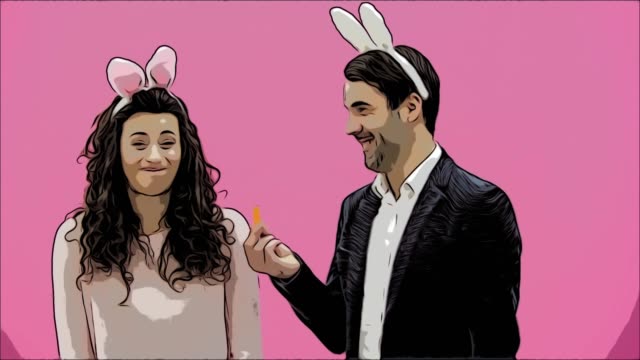 Young-couple-are-beautiful-on-pink-background.-During-this-time,-they-are-dressed-in-rabble-ears.-Looking-at-each-other.-A-man-shows-carrots,-his-wife-does-not-like-the-size-of-carrots-and-she-throws-out.-A-young-man-begins-to-strangle-the-girl.-Animation