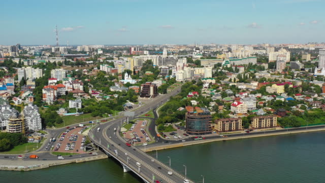 Aerial-view-of-Chernavsky-bridge,-river-and-residential-buildings