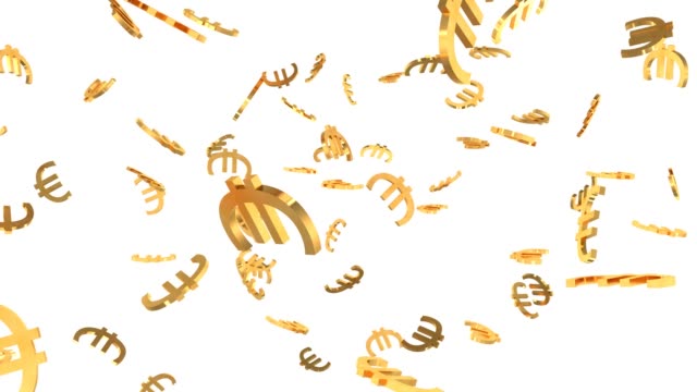 Glänzende-goldene-Euro-Zeichen-fallen-in-Zeitlupe-3D-Animation---4K-nahtlose-Loop-Motion-Hintergrund-Animation