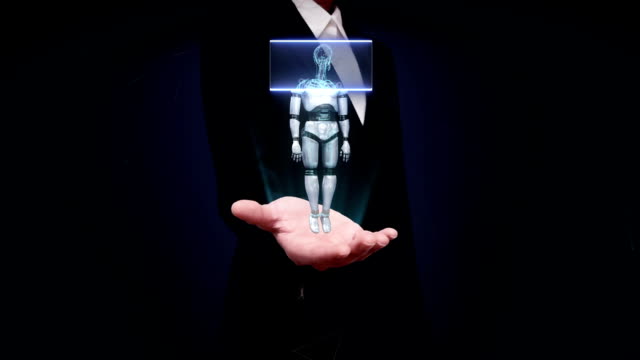 Businesswoman-open-palm,-Scanning-rotating-3D-robot-body,-human-bone.
