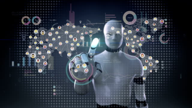 Robot-tocando-conecta-gente,-utilizando-tecnología-de-comunicación.-con-el-diagrama-económico.