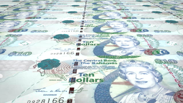 Banknotes-of-ten-bahamians-dollars-rolling-on-screen,-cash-money,-loop