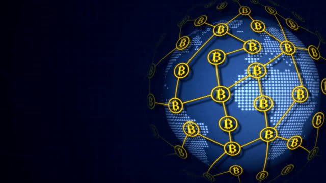 Bitcoin-Währungszeichen-dreht-sich-um-die-Erde