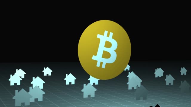 Ominöse-Bitcoin-Symbol-steigt-aus-der-Erde-um-Ansammlung-von-Häusern