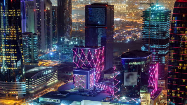 The-skyline-of-the-West-Bay-area-from-top-in-Doha-timelapse,-Qatar