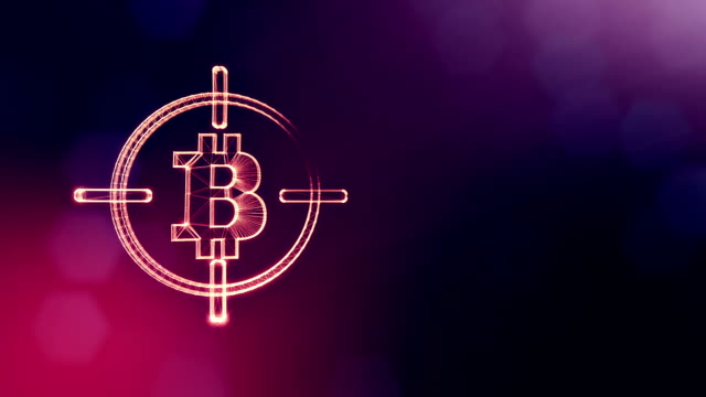 Sign-of-bitcoin-at-gunpoint.-Financial-background-made-of-glow-particles-as-vitrtual-hologram.-Shiny-3D-loop-animation-with-depth-of-field,-bokeh-and-copy-space.-Violet-color-v2