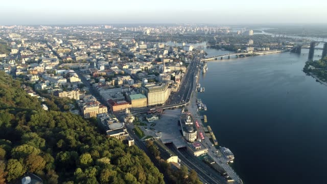 Bird's-eye-view-of-Podil,-the-historical-district-of-Kyiv,-Ukraine.-Morning-light