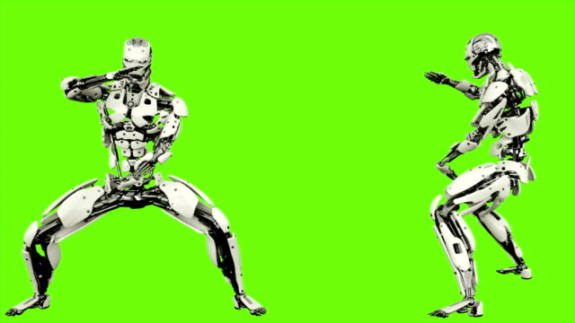 Robot-android-es-muestra-sus-habilidades-de-combate-realista-bucle-movimiento-en-fondo-de-pantalla-verde.-4K
