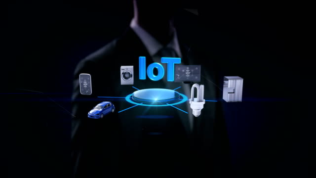 Businessman-touching-'IoT',-technology-connecting-mobile,-car,-energy-saving,-washer,-refrigerator,-smart-home-devices,-Internet-of-things.-4k-movie.
