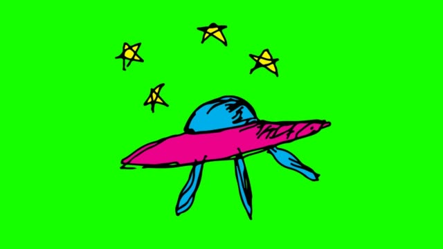 Kinder-Zeichnung-grünen-Hintergrund-mit-UFO-Thema