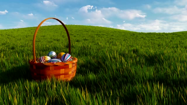 Basket-with-dyed-colorful-easter-eggs-among-green-grass