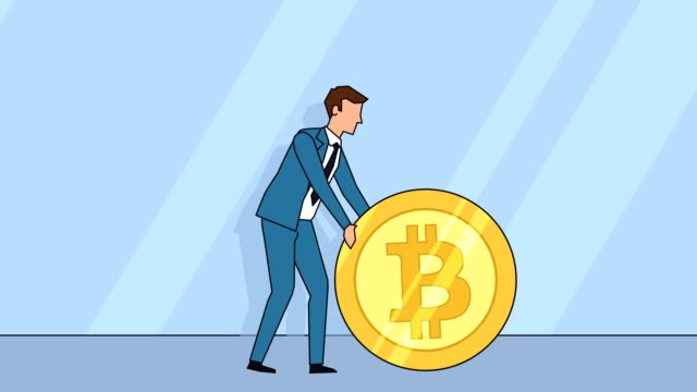Flache-Zeichentrickfigur-Geschäftsmann-rollen-Bitcoin-Geldkonzept-Animation-mit-alpha-matt