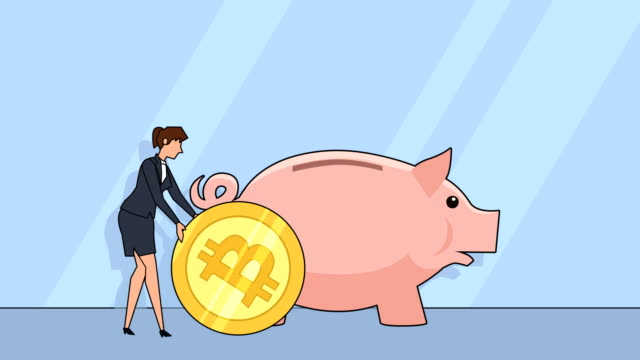 Flat-cartoon-businesswoman-character-roll-pushes-coin-to-the-piggy-bank-bitcoin-money-concept-animation