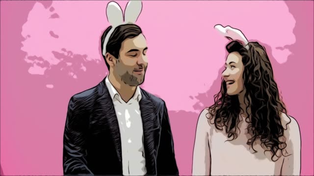 Young-couple-standing-standing-on-pink-background.-With-bunny-ears-on-the-head.-During-this-man-gives-his-wife-a-basket-of-colored-eggs.-Easter-Concept.-Easter.-Animation.