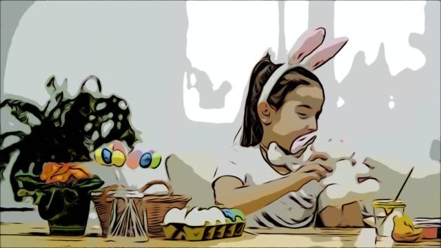 Brisk,-cute-girl-is-having-fun-painting-with-Easter-bunny,-which-has-the-same-ears,-as-she-has.-Girl-is-setting-back-white-bunny.-Girl-with-a-beauty-spot-at-her-face-and-is-smiling-widely,-sitting-at-the-wooden-table-with-Easter-decorations.