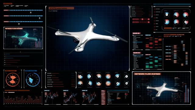 Drone-giratorio-con-interfaz-de-usuario-futurista,-interfaz-de-pantalla-futurista-digital.-Gráfico-virtual.-Película-4k.-1.
