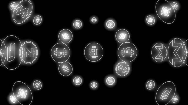 Iconos-de-criptomonedas-iluminados-en-el-fondo-negro-girando-alrededor-del-icono-de-bitcoin-Loop-video