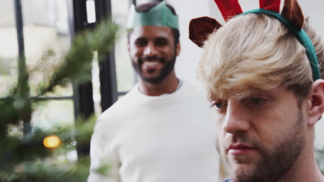 Gay-Male-Couple-At-Home-Hanging-Decorations-On-Christmas-Tree-Together