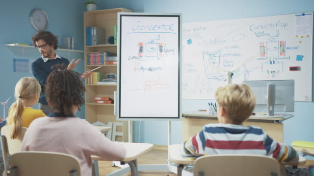 Grundschulphysiklehrer-verwendet-interaktives-digitales-Whiteboard,-um-einem-Klassenzimmer-voller-intelligenter-Kinder-zu-zeigen,-wie-erneuerbare-Energie-funktioniert.-Science-Class-mit-Kindern,-die-zuhören